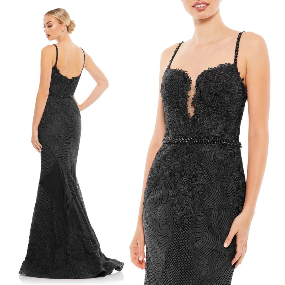 MAC DUGGAL EMBROIDERED SLEEVELESS PLUNGE NECK TRUMPET GOWN #79082